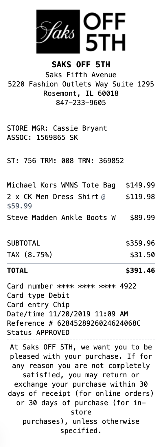 Saks OFF 5TH Receipt receipt template preview
