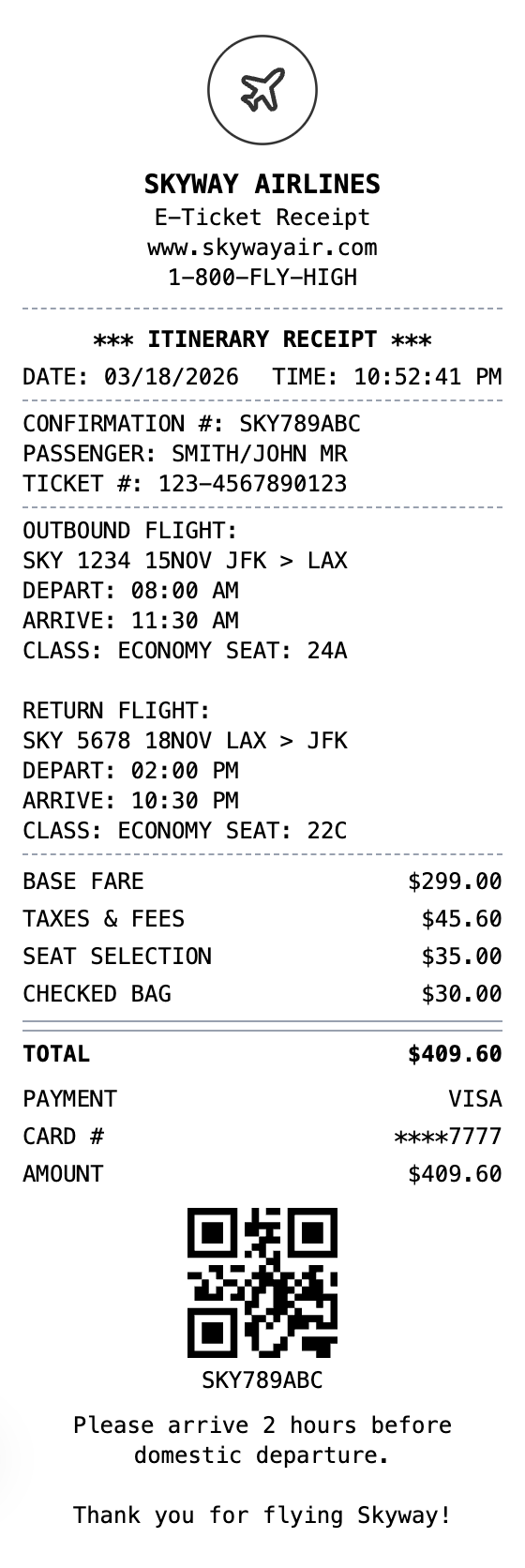 Airline Receipt receipt template preview