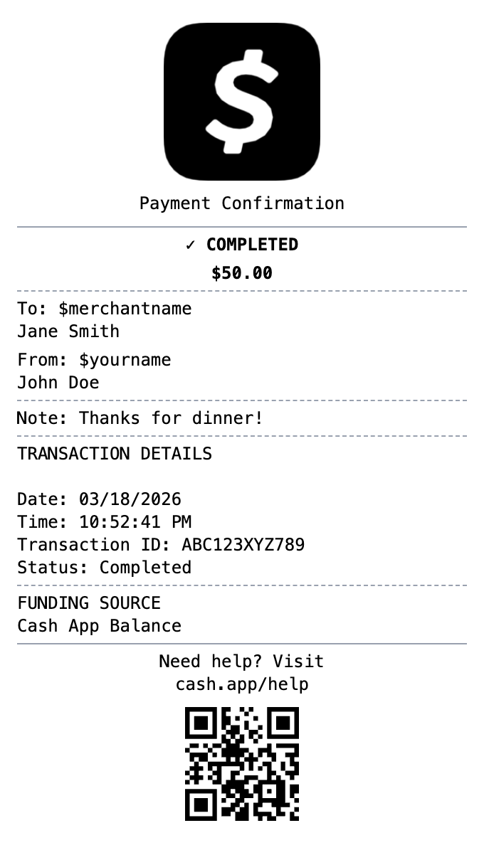 Cash App Receipt receipt template preview