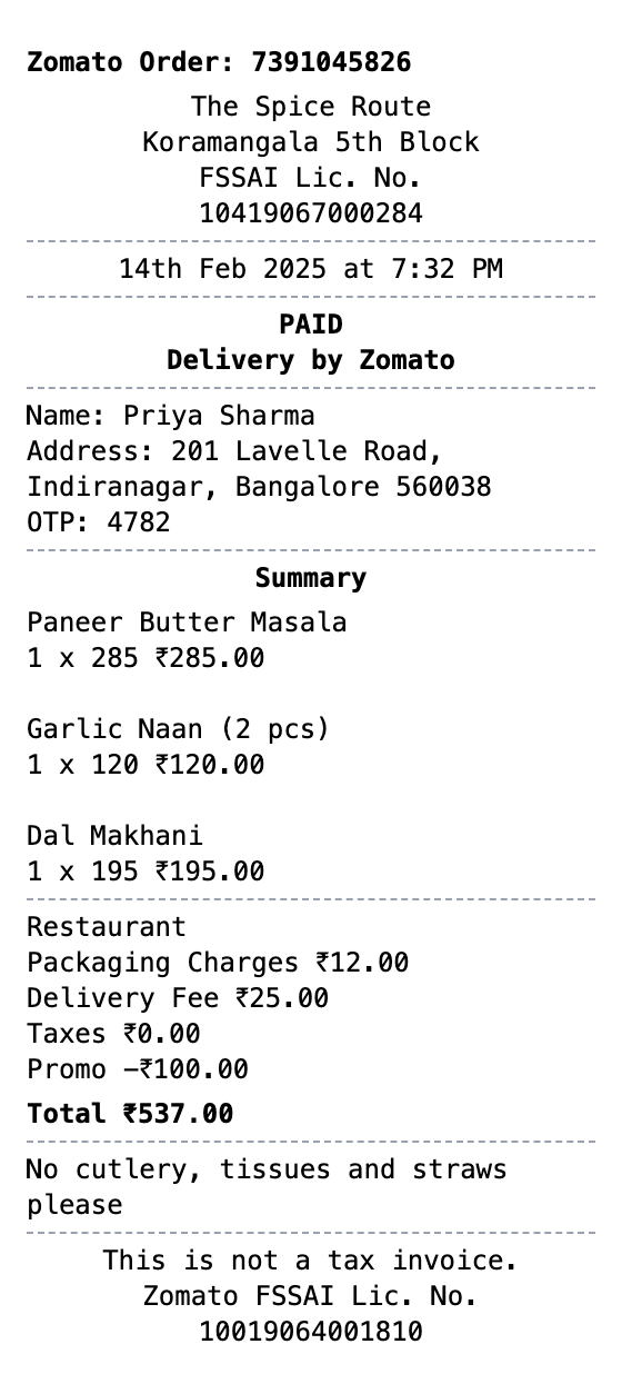 Zomato Receipt receipt template preview