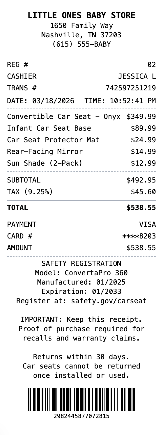 Car Seat Receipt receipt template preview