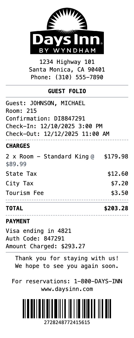Days Inn Receipt receipt template preview