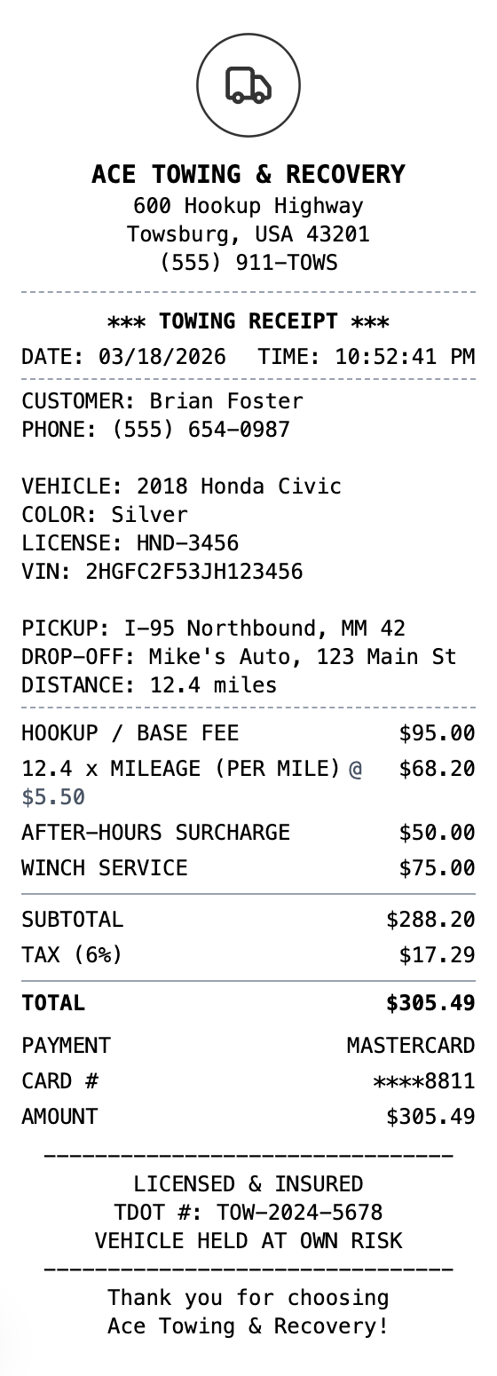 Tow Truck Receipt receipt template preview