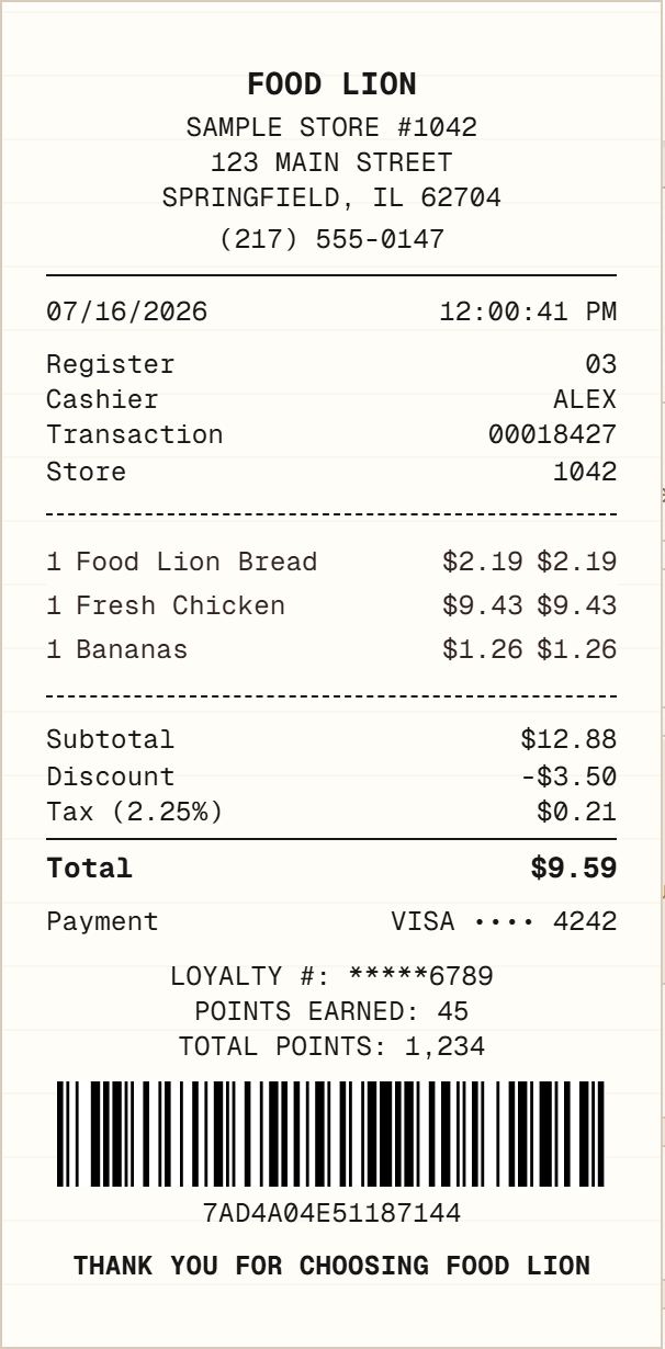 Food Lion Receipt receipt example preview