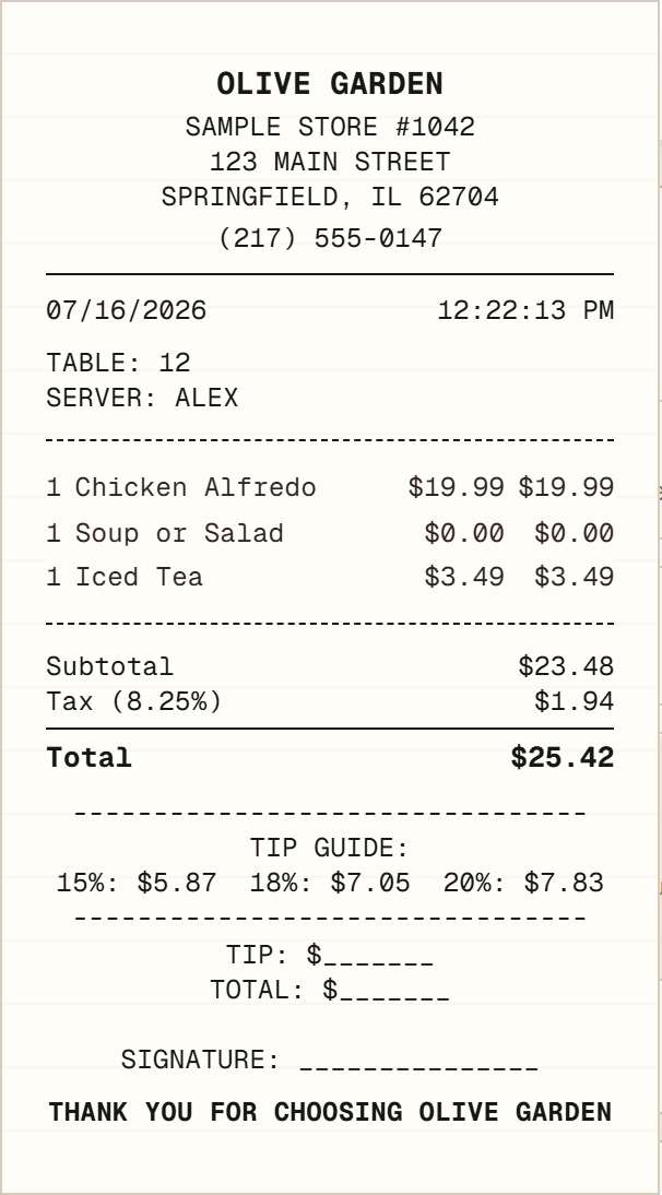 Olive Garden Receipt receipt example preview