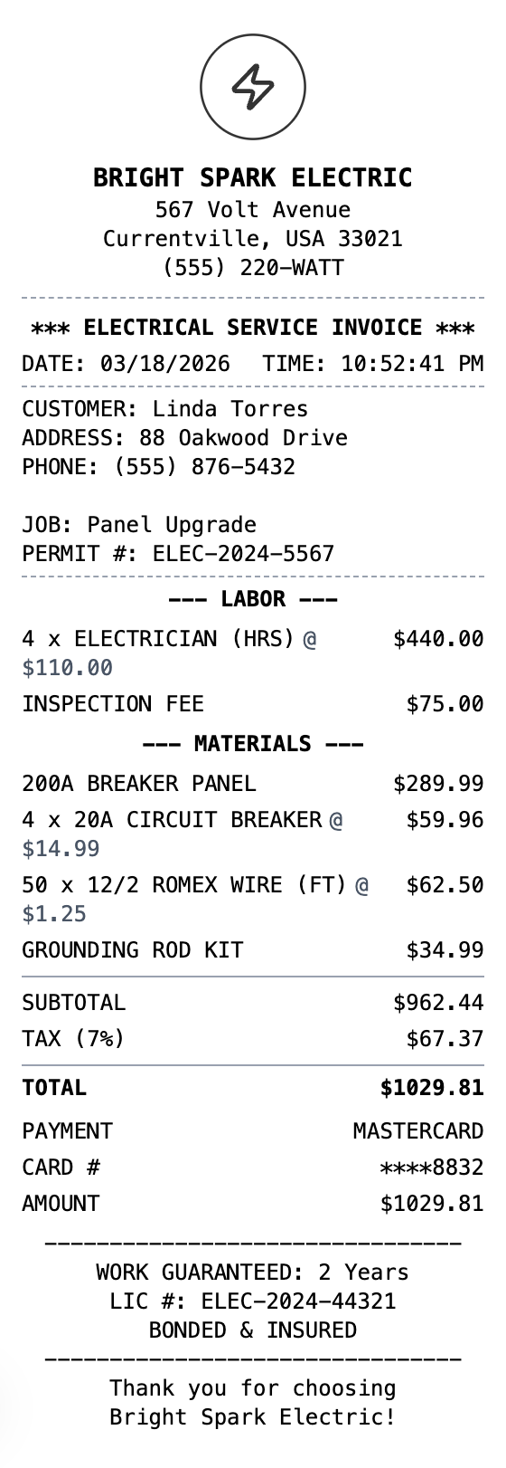 Electrician Receipt receipt template preview