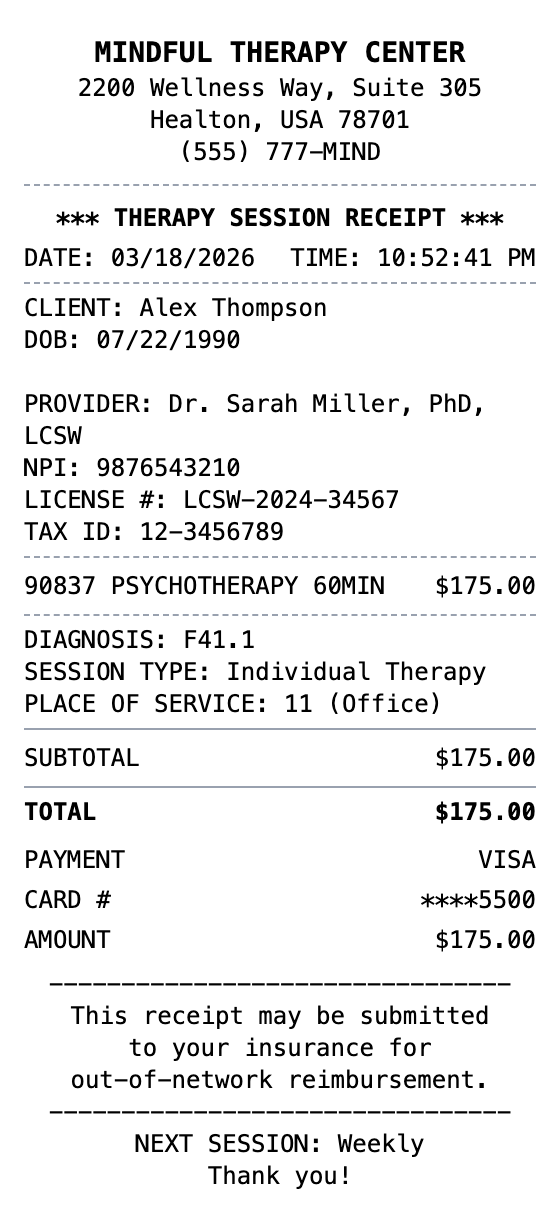 Therapist Receipt receipt template preview