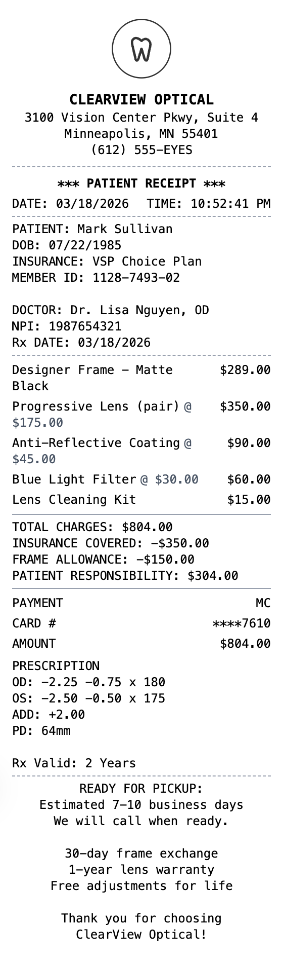 Glasses Receipt receipt template preview