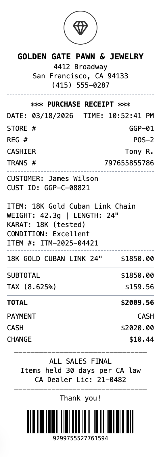 Pawn Shop Receipt receipt template preview