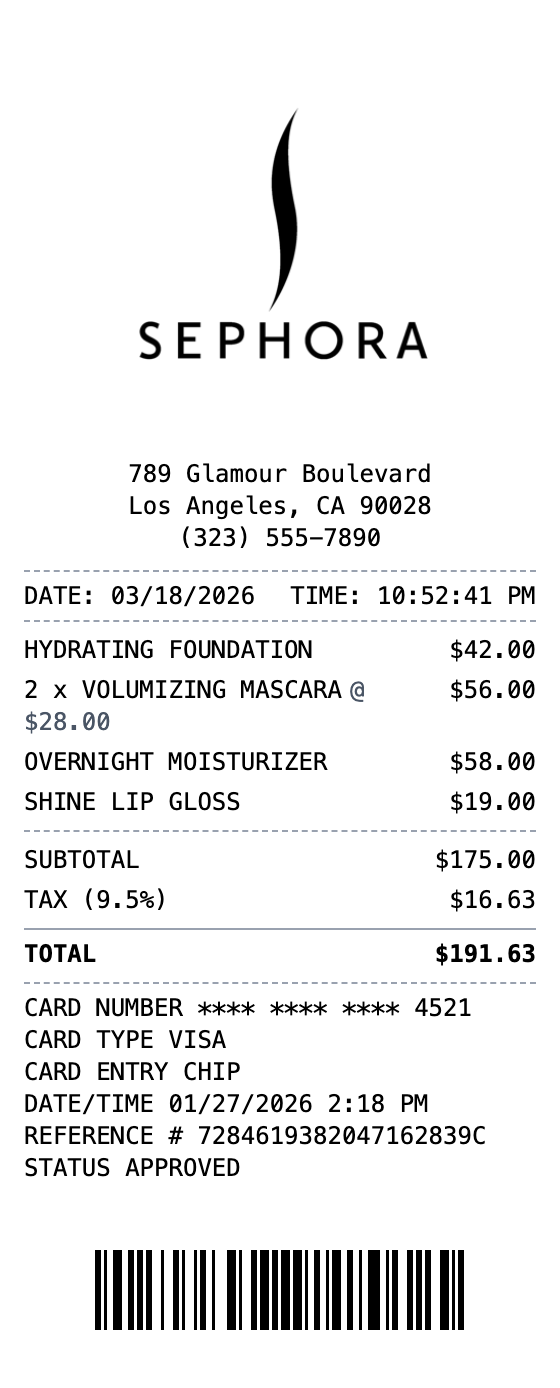 Sephora Receipt receipt template preview