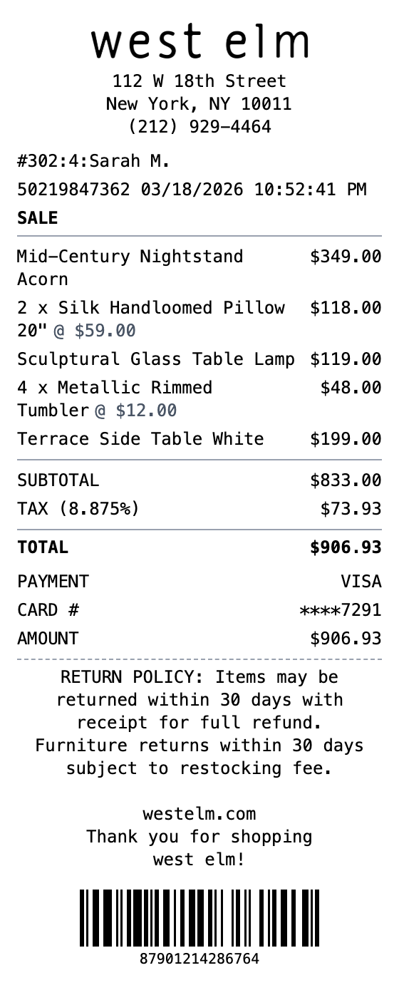 West Elm Receipt receipt template preview
