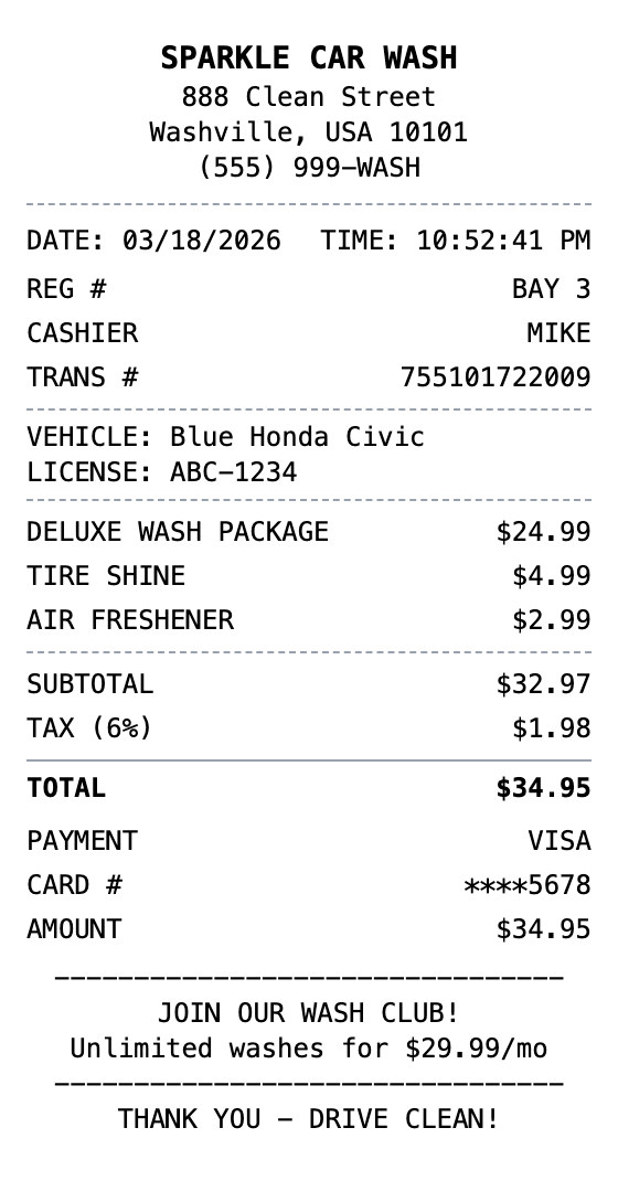 Car Wash Receipt receipt template preview