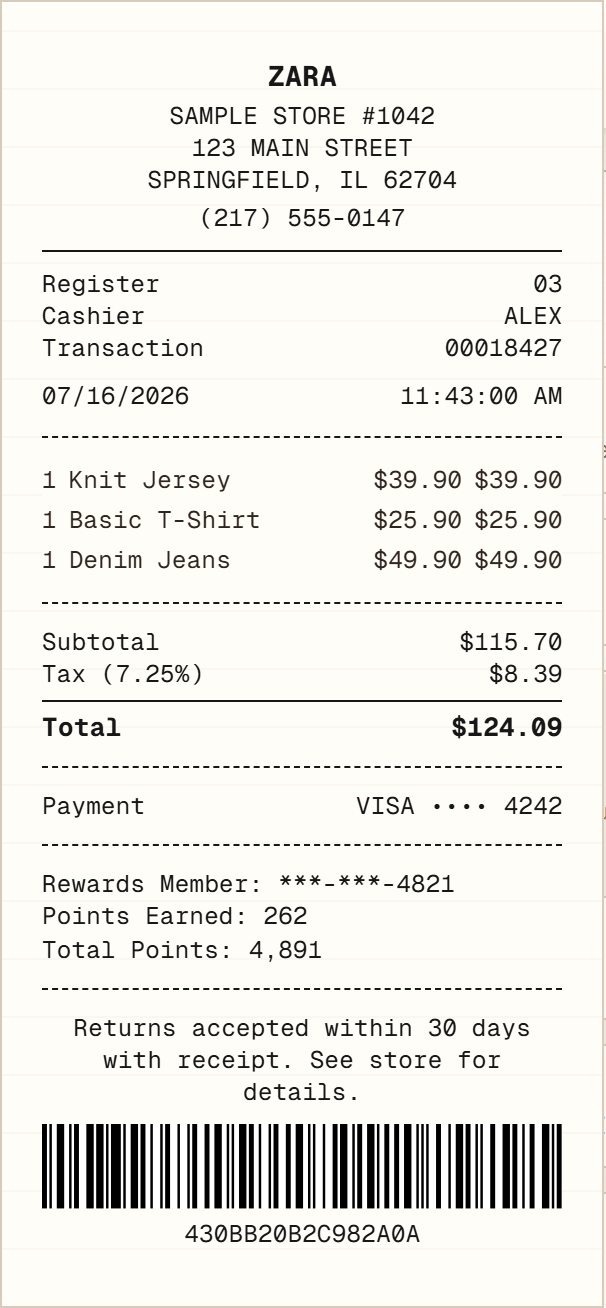 Zara Receipt receipt example preview