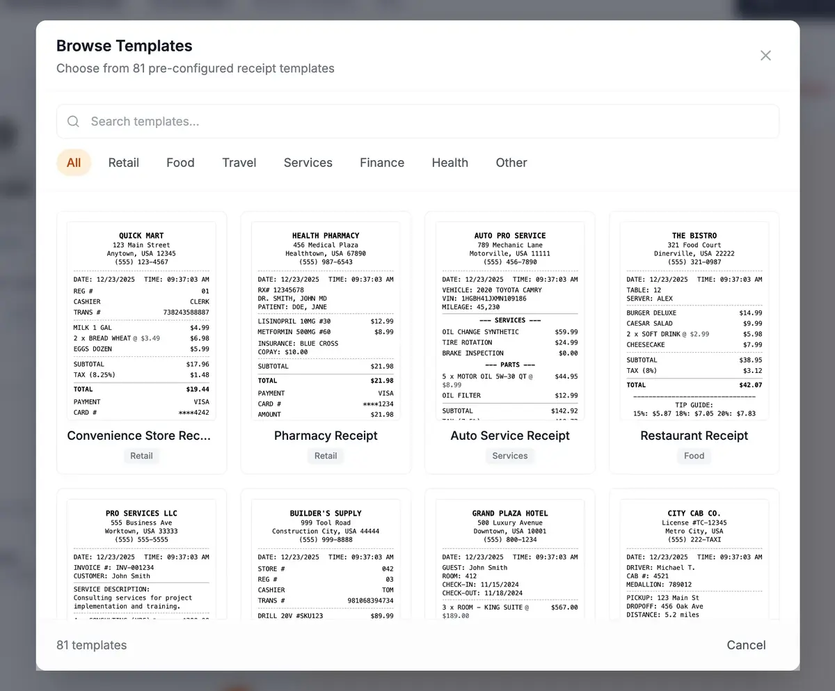 Receipt Generators template library