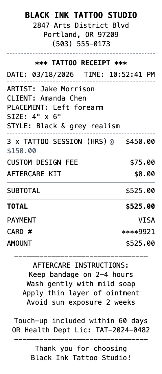 Tattoo Receipt receipt template preview