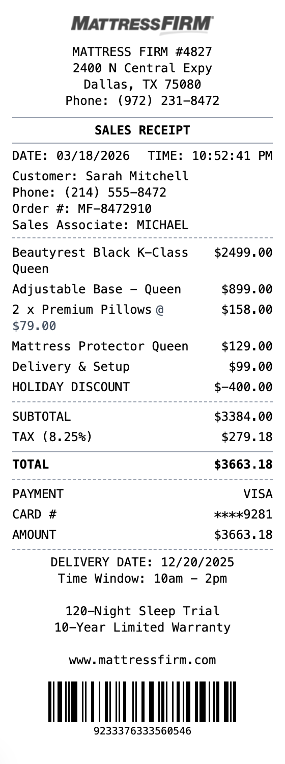 Mattress Firm Receipt receipt template preview