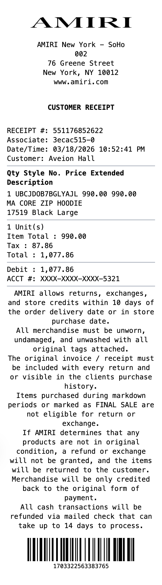 Amiri Receipt receipt template preview