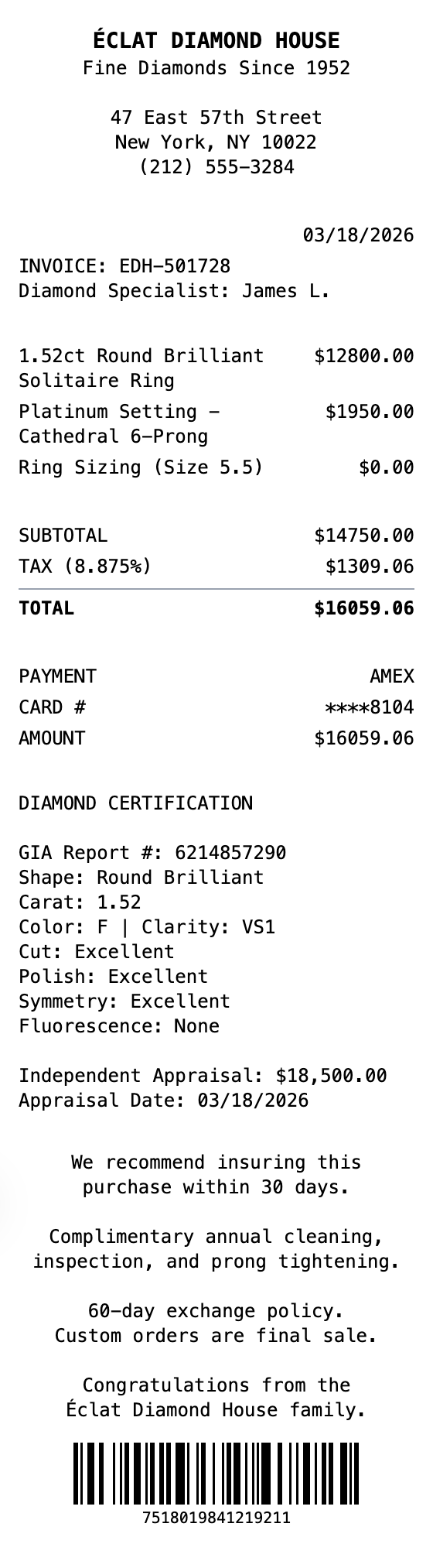 Engagement Ring Receipt receipt template preview