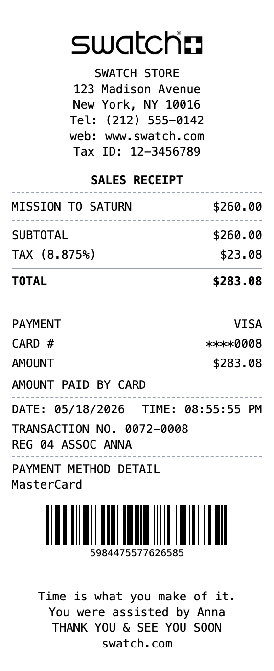 Swatch Receipt receipt template preview