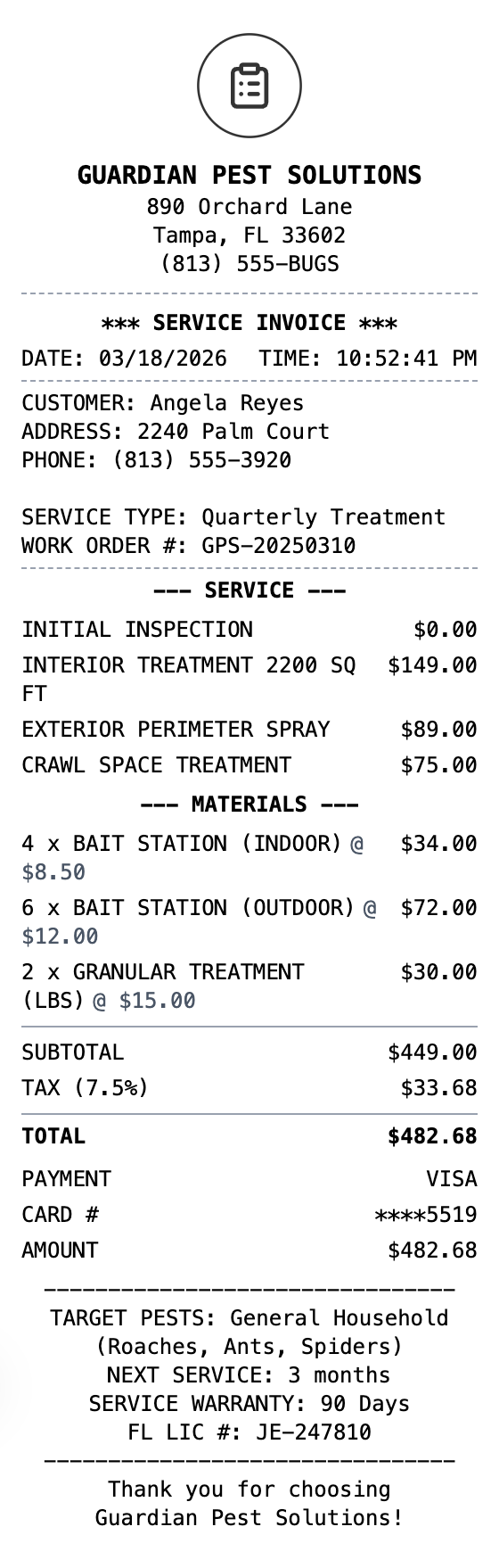 Pest Control Receipt receipt template preview