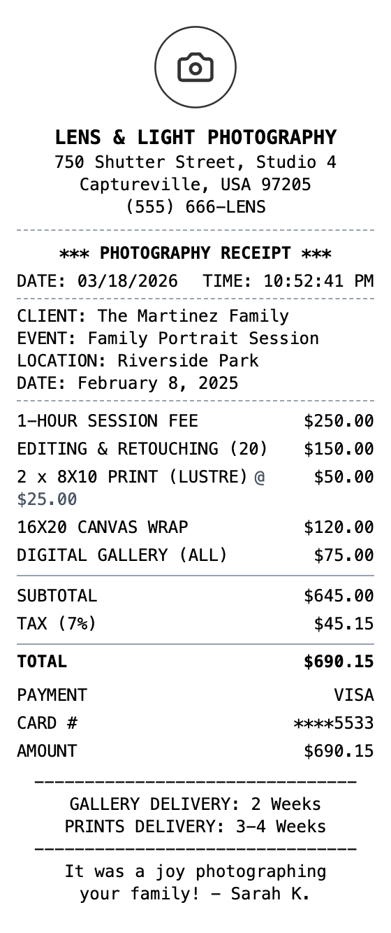 Photography Receipt receipt template preview