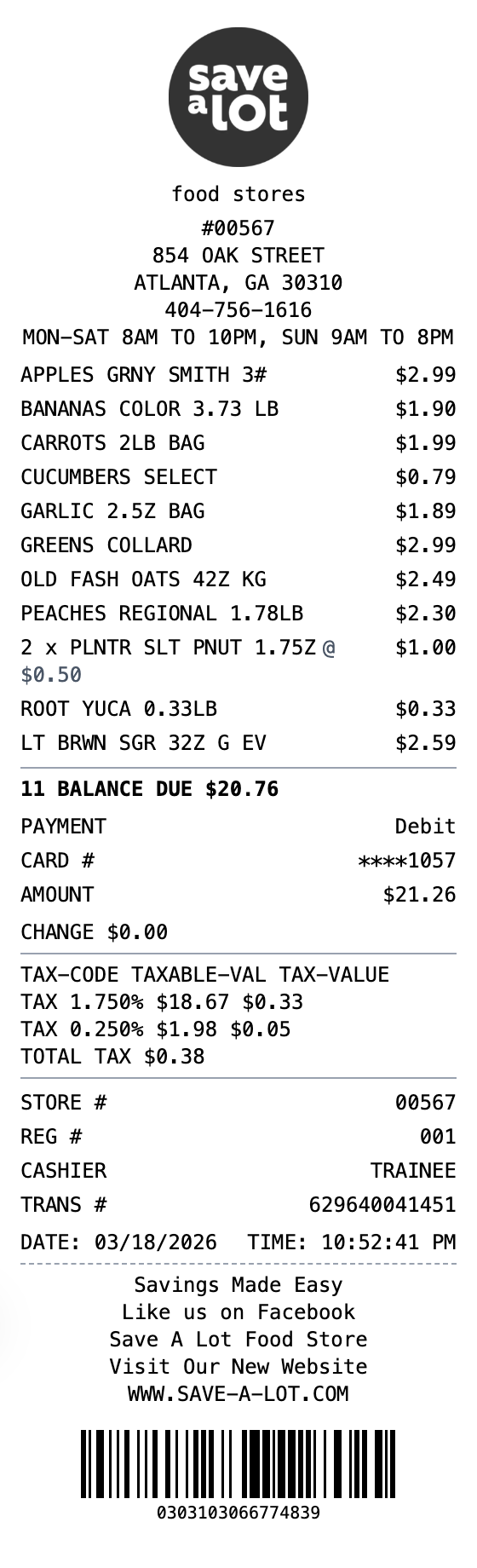 Save-A-Lot Receipt receipt template preview