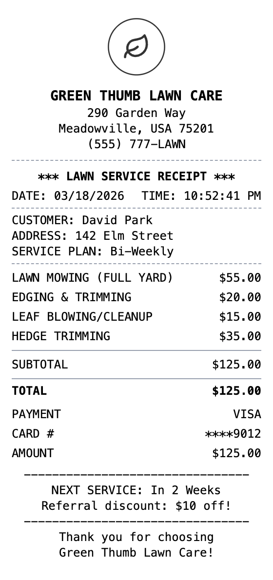 Lawn Care Receipt receipt template preview