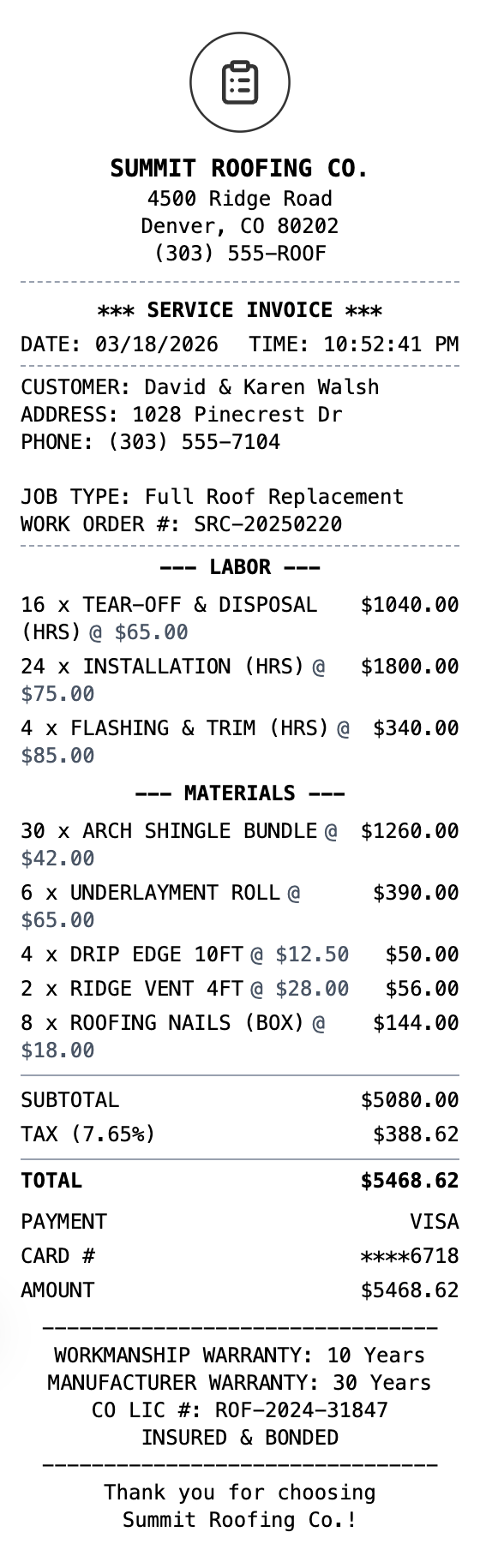 Roofing Receipt receipt template preview