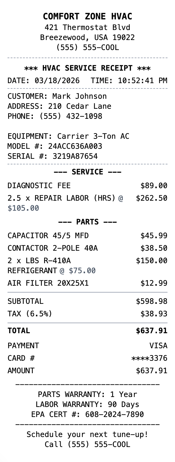 HVAC Receipt receipt template preview
