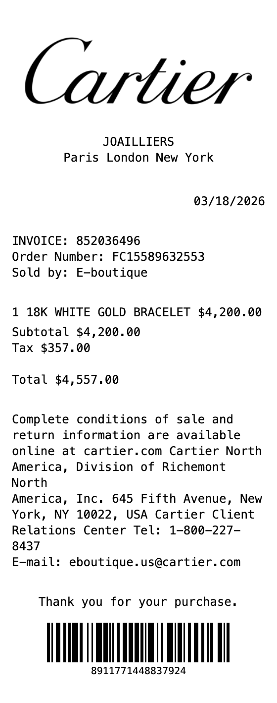Cartier Receipt receipt template preview
