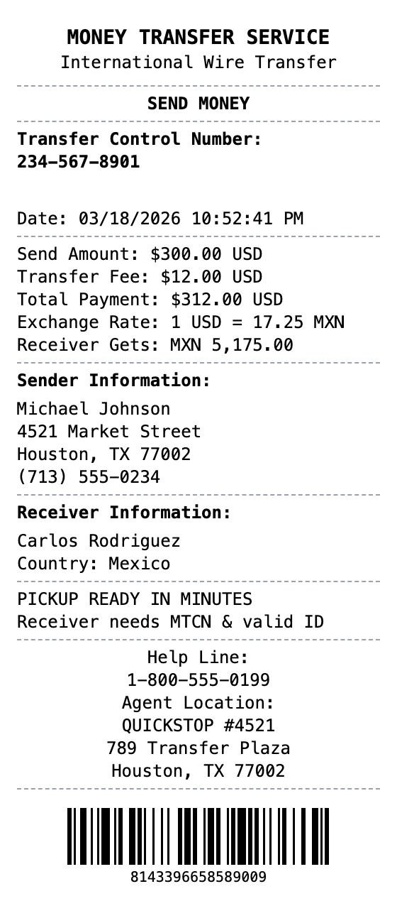 Western Union Receipt receipt template preview