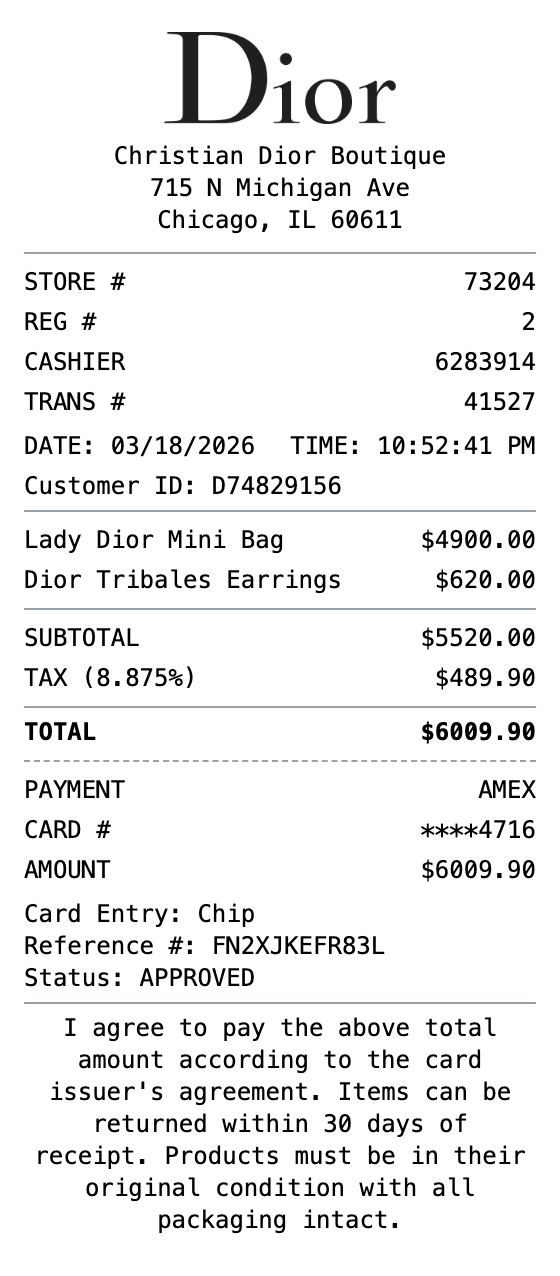 Dior Receipt receipt template preview
