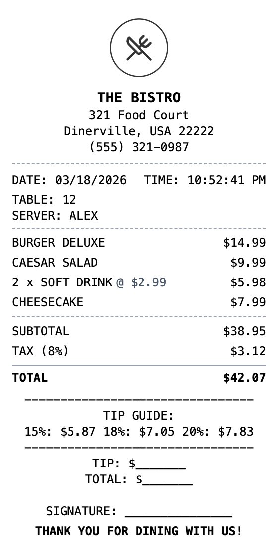 Restaurant Receipt receipt template preview