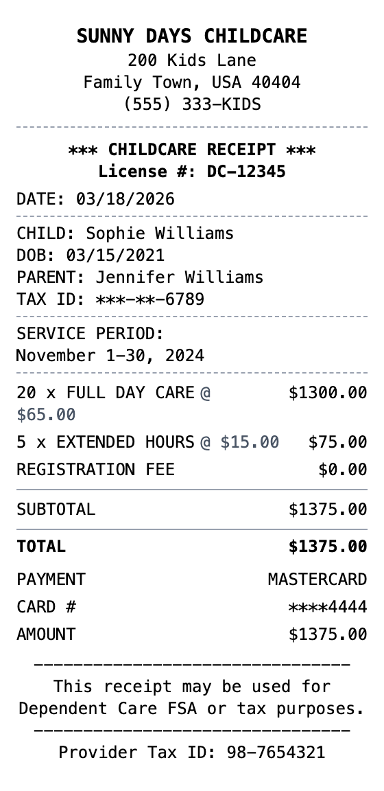 Childcare Receipt receipt template preview
