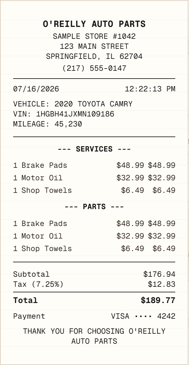 O'Reilly Auto Parts Receipt receipt example preview