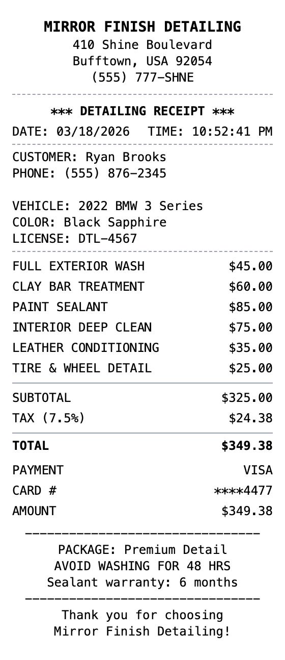Auto Detailing Receipt receipt template preview