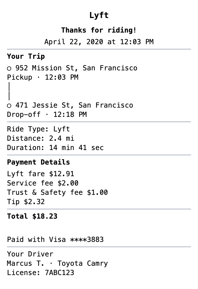 Lyft Receipt receipt template preview