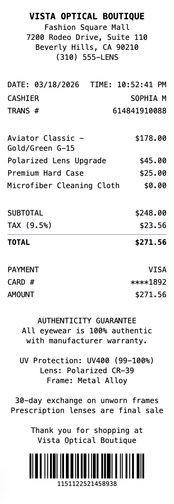 Sunglasses Receipt receipt template preview