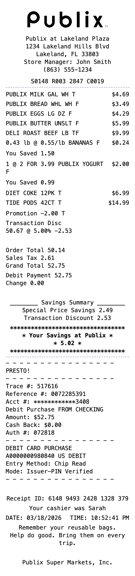 Publix Receipt receipt template preview