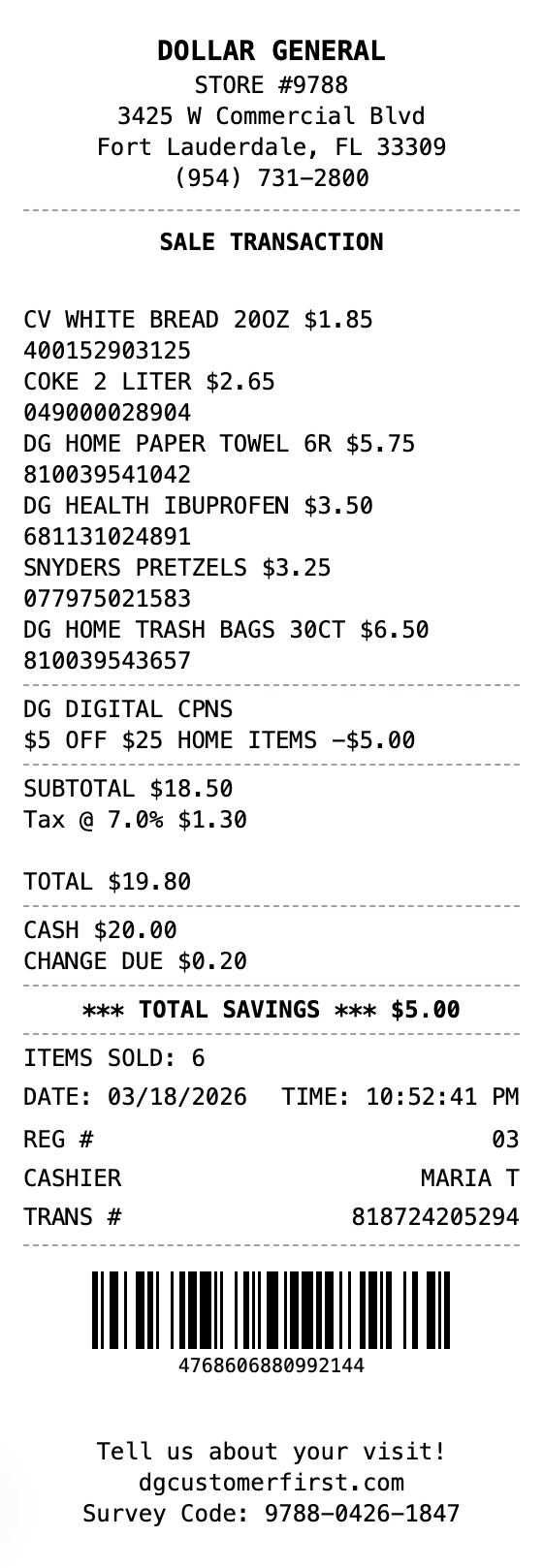 Dollar General Receipt receipt template preview