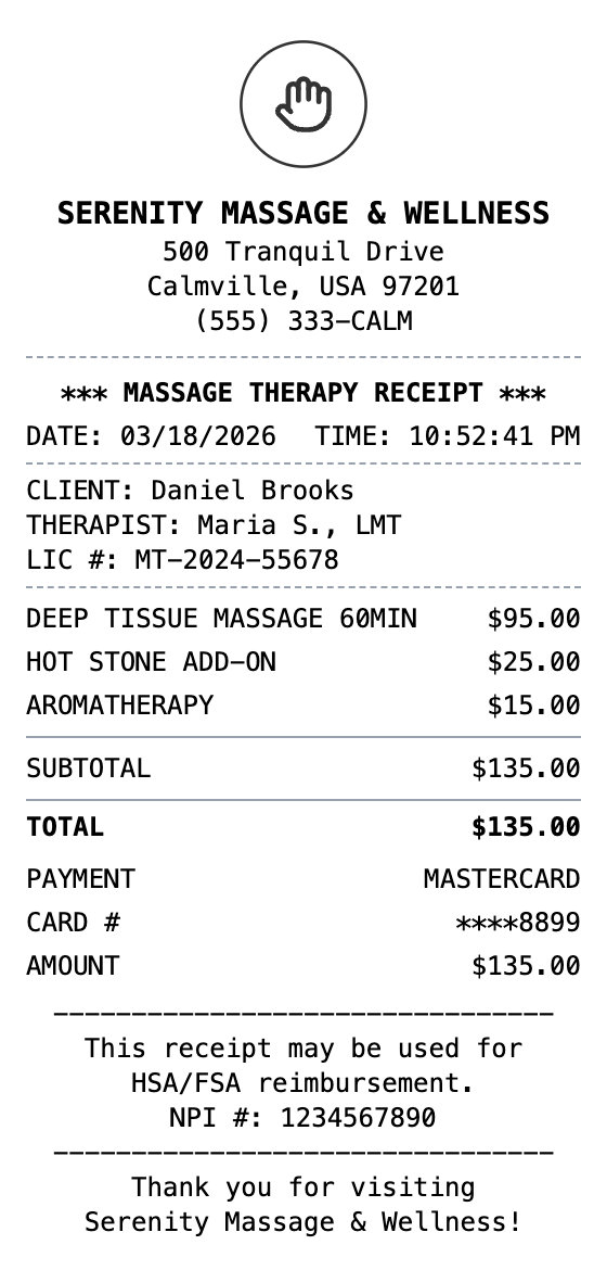 Massage Therapy Receipt receipt template preview