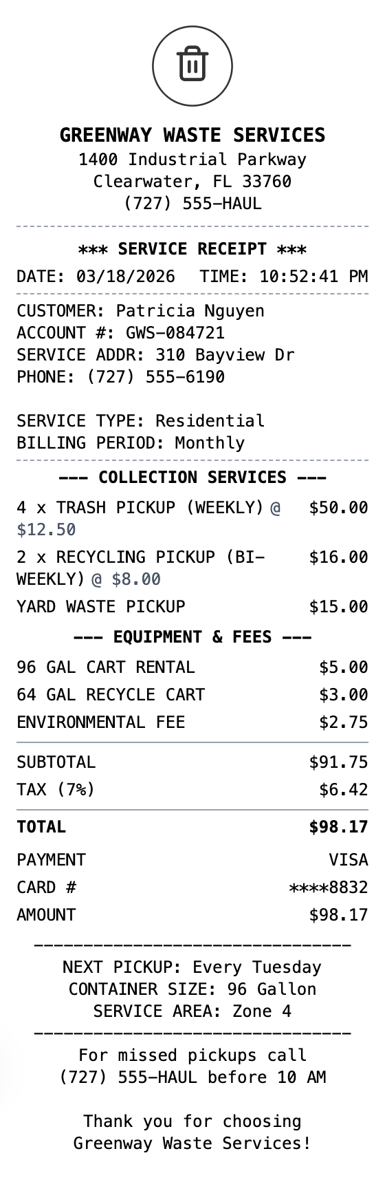 Waste Management Receipt receipt template preview