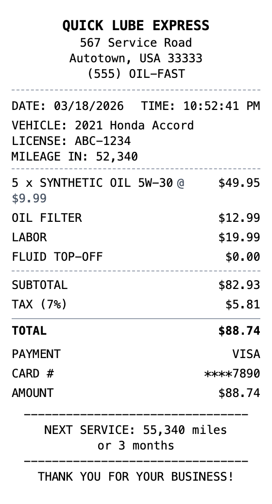 Oil Change Receipt receipt template preview