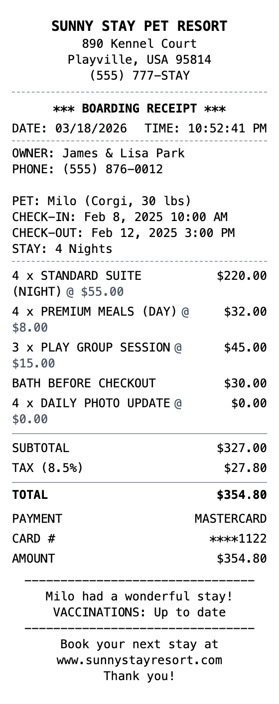 Pet Boarding Receipt receipt template preview