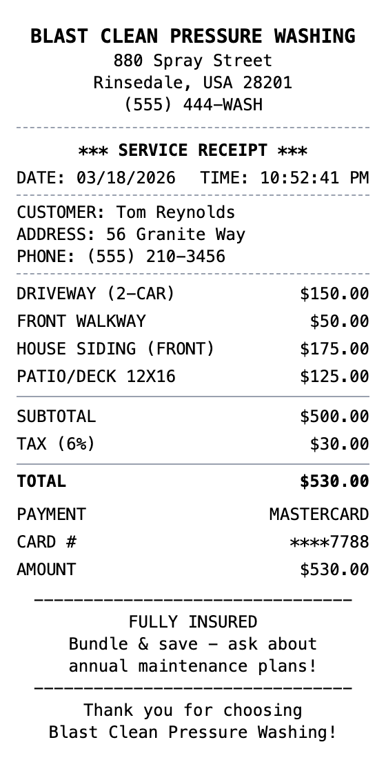 Pressure Washing Receipt receipt template preview