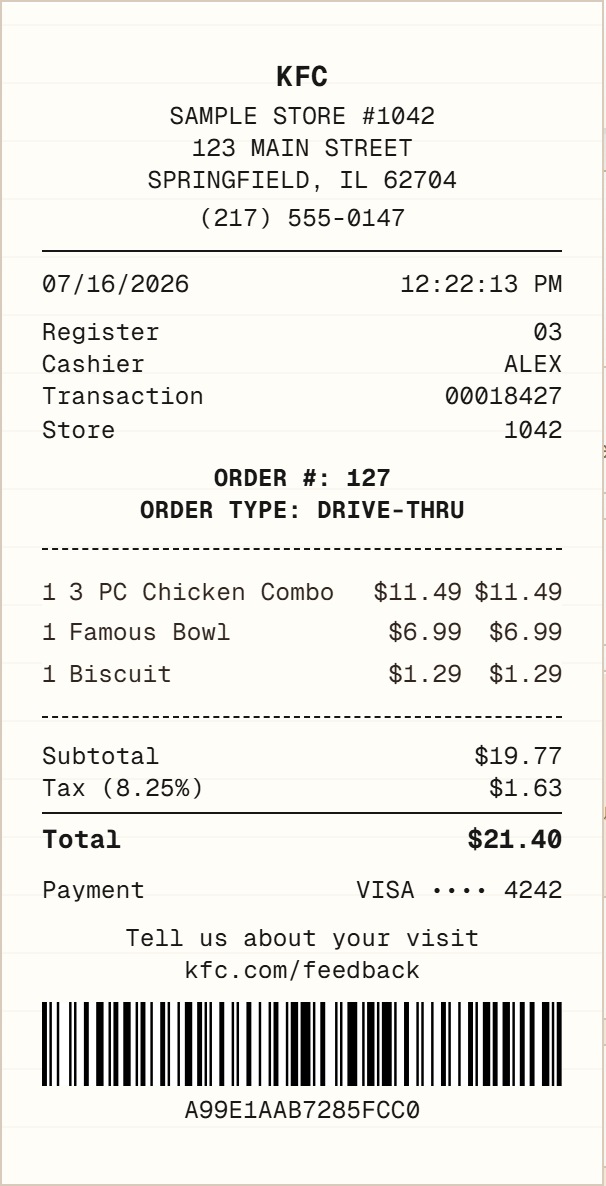 KFC Receipt receipt example preview