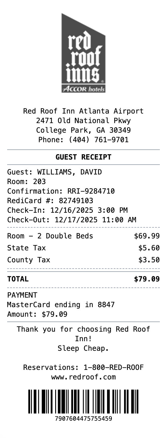 Red Roof Inn Receipt receipt template preview