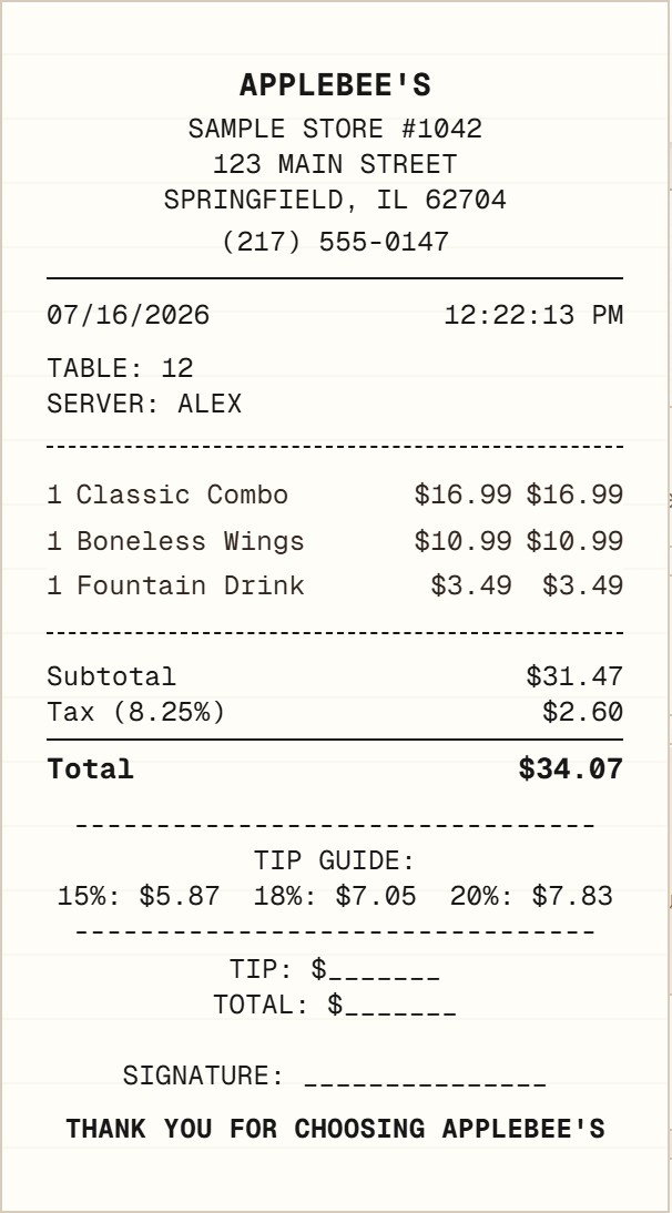 Applebee's Receipt receipt example preview