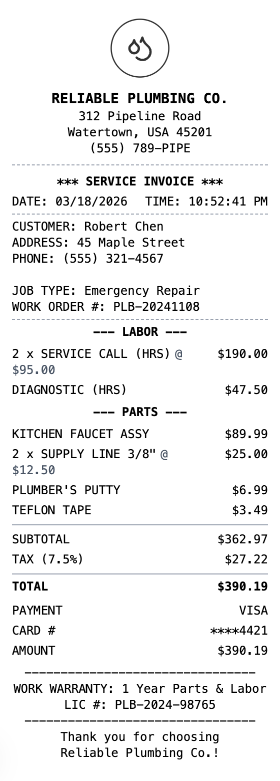 Plumber Receipt receipt template preview