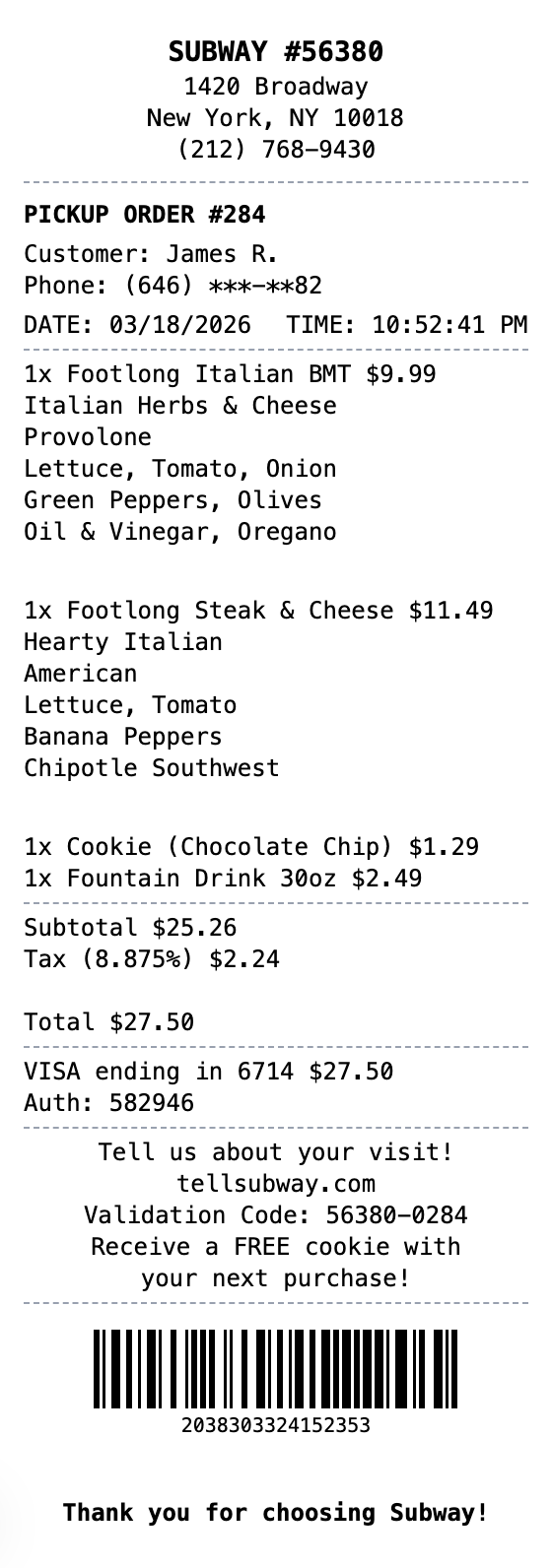 Subway Receipt receipt template preview